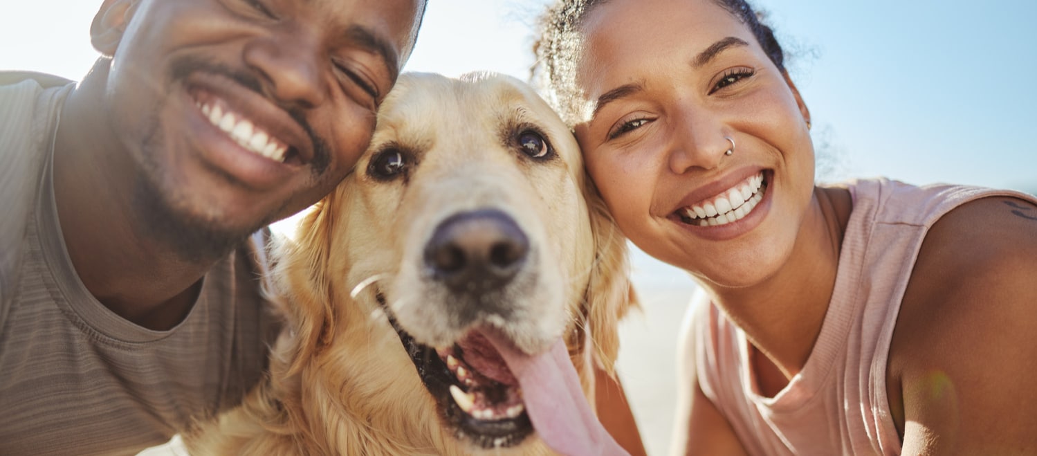 Couple outside with their dog after advanced dental care for pets in Tucson